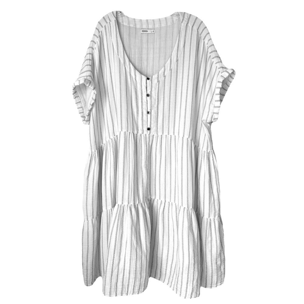 Sonoma Women's 100% Cotton White Gray Striped Tiered Midi Beachy Summer Dress 2X